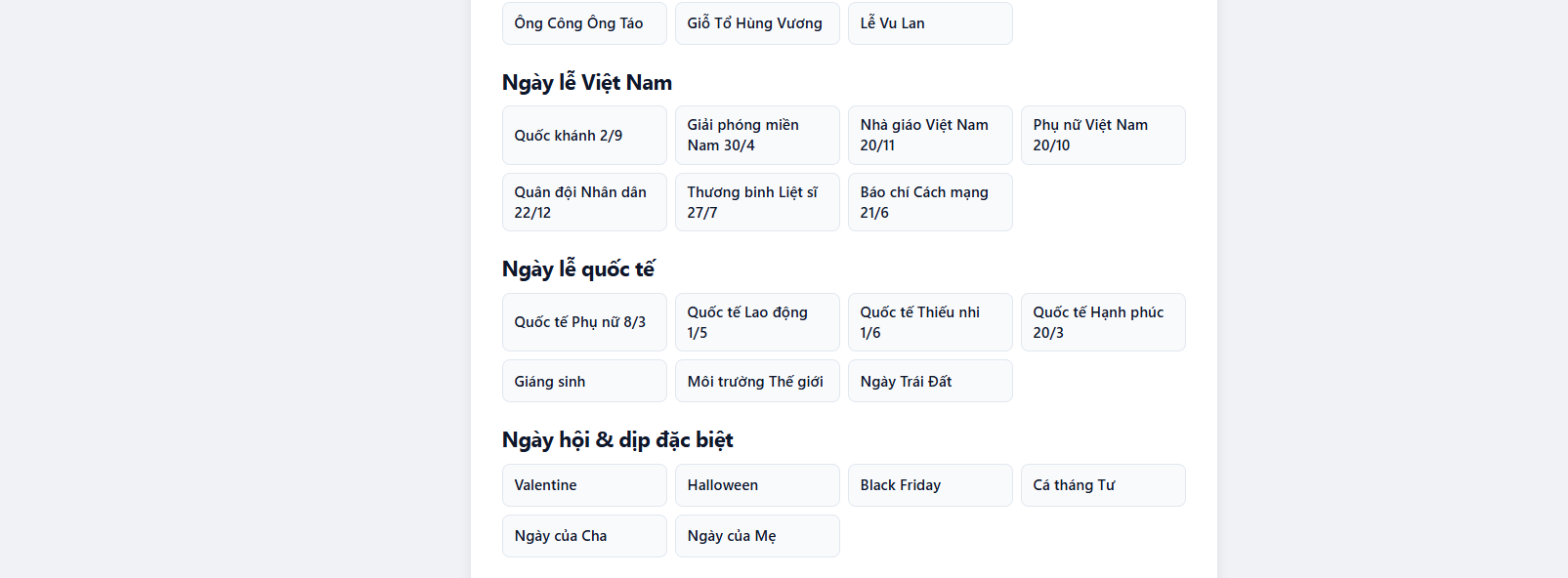 Bạn có thể chọn những công cụ có tính năng đếm ngày lễ tại Việt Nam